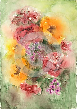 Beautiful bouquet of flowers with leaves on blurred background. Watercolor painting. Hand painted illustration