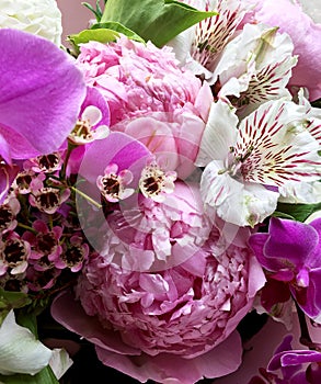 Beautiful bouquet flowers. Pink peony, white dahlia, white alstroemeria. Flowers background. Pink orchid phalaenopsis