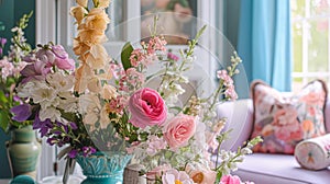 Beautiful bouquet of flowers in vase. Floral arrangement