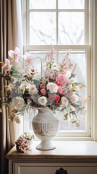 Beautiful bouquet of flowers in vase. Floral arrangement