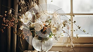 Beautiful bouquet of flowers in vase. Floral arrangement