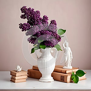 A beautiful bouquet of lush purple lilac in a white ceramic vase