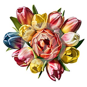 beautiful bouquet of lush rich multi-colored tulips, isolated, spring gift element, women\'s day gift