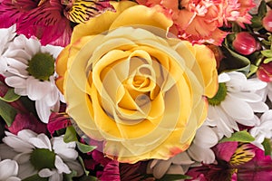 Beautiful bouquet of many colorful flowers with yellow rose on top