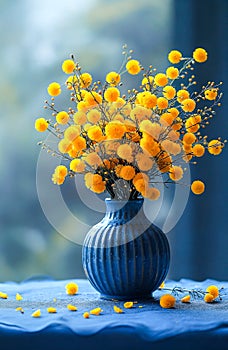 Beautiful bouquet of mimosa flowers in a blue vase. Spring floral still life