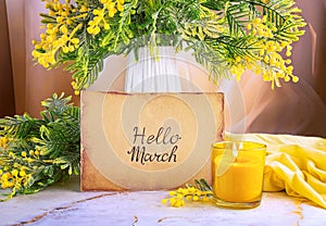 A beautiful bouquet of mimosa flowers in a white vase, a sheet of paper with the inscription Hello March, a yellow candle