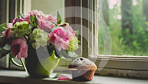 Beautiful bouquet of pink and green flowers in vase and muffin on window sill. Old vintage room interior decor