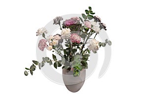 Beautiful bouquet of pink, grey and white carnation flowers, fresh eucalyptusas and violet brassica flower
