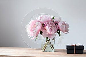 beautiful bouquet of pink peonies in glass vase and gift box