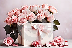 Beautiful bouquet of pink roses with gift box.AI Generated