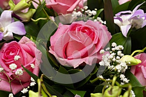 Beautiful bouquet with pink roses, green leaves, small white flowers and other plants for decor