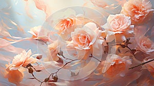 Beautiful bouquet of pink roses on a light background. Soft focus. Peach Fuzz color