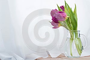 Beautiful bouquet of pink tulips flowers in a glass jug on white background. Place for text. Spring. holidays.