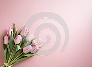 Beautiful bouquet of pink tulips flowers on pastel pink background