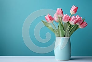 Beautiful bouquet of pink tulips flowers in a pot on blue background