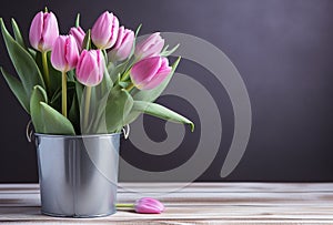Beautiful bouquet of pink tulips flowers in a pot on dark background