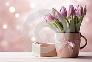 Beautiful bouquet of pink tulips flowers in a pot on pink background with bokeh effect