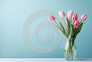 Beautiful bouquet of pink tulips flowers in a vase on pink background