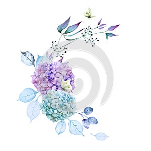 Beautiful bouquet of purple and blue hydrangea flowers, leaves, herbs and yellow lemongrass butterflies isolated on white