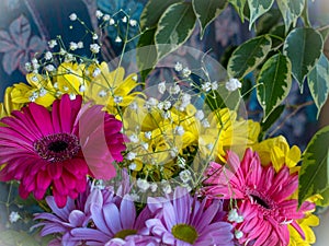 Beautiful bouquet of purple gerber and yellow flowers