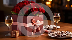 beautiful bouquet of red roses in a pink box, gift, wine in a glass, and chocolates on a plate