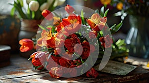 A beautiful bouquet of red and yellow flowers on a wooden table