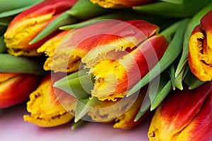 Beautiful bouquet of red and yellow tulips on pink wooden background. Close up