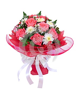 Beautiful bouquet of roses and daisies flowers with red mesh wrapping isolated on white background, clipping path included