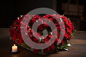Beautiful bouquet of roses, decorated in form of a heart with Candlelit. Romantic Valentines Day