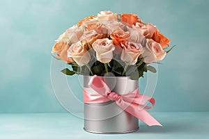 Beautiful Bouquet Of Roses In Vase With Gift Box, Empty Space, On Colorful Background. Generative AI
