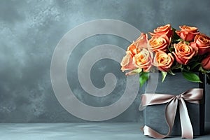 Beautiful Bouquet Of Roses In Vase With Gift Box, Empty Space, On Grey Background. Generative AI