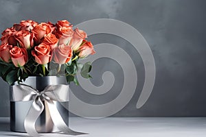 Beautiful Bouquet Of Roses In Vase With Gift Box, Empty Space, On Silver Background. Generative AI