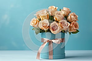 Beautiful Bouquet Of Roses In Vase With Gift Box, Empty Space, On Sky Blue Color Background. Generative AI