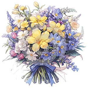 Beautiful bouquet of spring flowers. Hand drawn illustration.