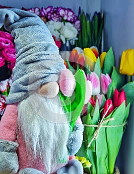 beautiful bouquet of spring flowers, toy nisse gnome with tulips, dwarf in grey hat