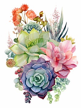 Beautiful bouquet of succulents and flowers watercolor painting