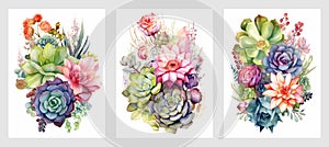 Beautiful bouquet of succulents and flowers watercolor painting