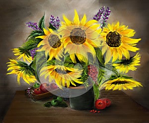 Beautiful bouquet of sunflowers on the table.