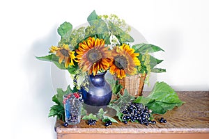 Beautiful bouquet of sunflowers in a vase and black currant berries. Still life with flowers and berries