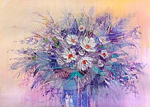 Beautiful bouquet of white daisies, abstract painting.