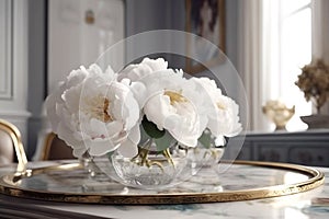 A beautiful bouquet of white peones in a vase. Living room decoration.