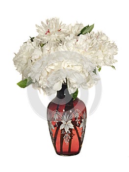 Beautiful bouquet of white peonies in a glass vase Isolated on a white background