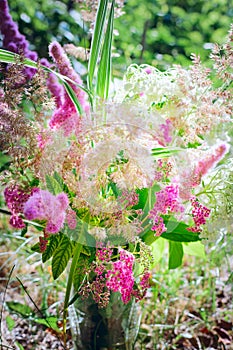 A beautiful bouquet of wild flowers in the rays of the setting sun. Summer, nature, beauty. Vertical photography