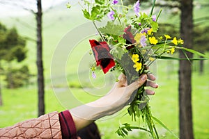 Beautiful bouquet of wild flowers in woman& x27;s hands on colorful autumn background. Bright nature colors. Girl holding