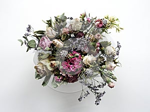 Beautiful bouquet of wilted flowers. Flowers arrangement view from above