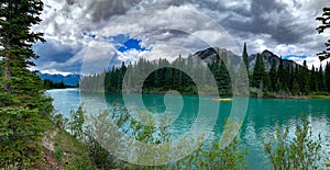 The beautiful Bow river passing through Banff town, Alberta, Canada