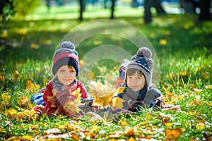 Beautiful boy, little child laying with a lot of yellow autumn leaves in park. Kid boy having fun on sunny warm october day.