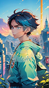 Beautiful Boy Night city neons Phone background image - Japanese Manga style Ai illustration