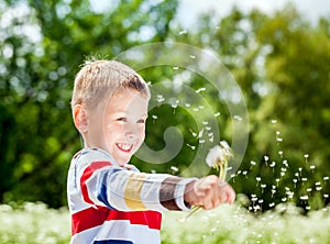Beautiful boy in the park blowing on dandelion
