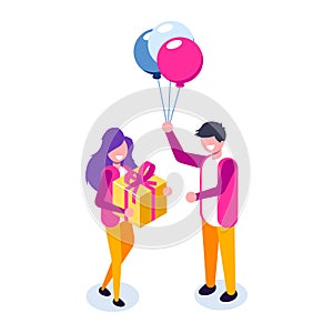 Beautiful boyfriend is presenting a gift to her handsome girl and smiling. Ballon and gift box. Vector isometric